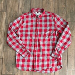 Topman Red and Gray Checkered Flannel Long-Sleeve Button-Down Shirt